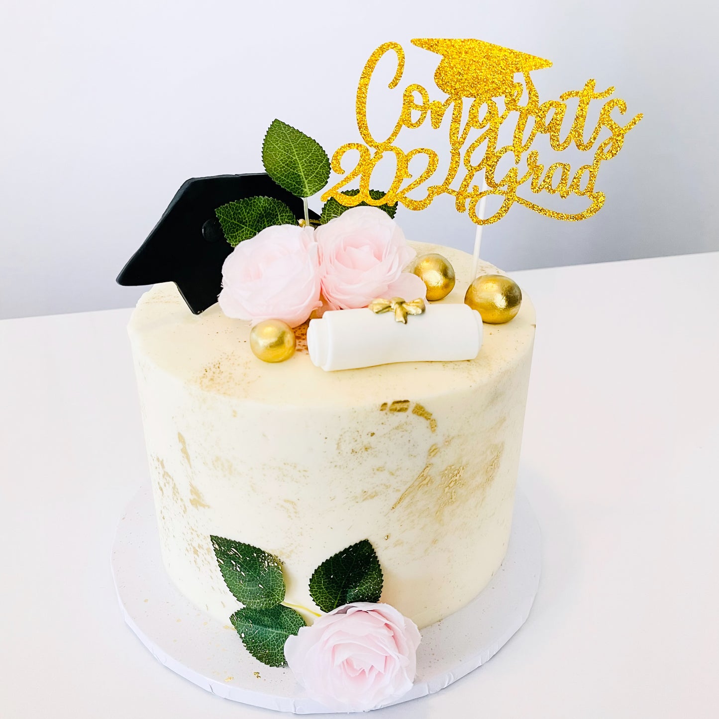 White & Gold Floral Graduation Cake